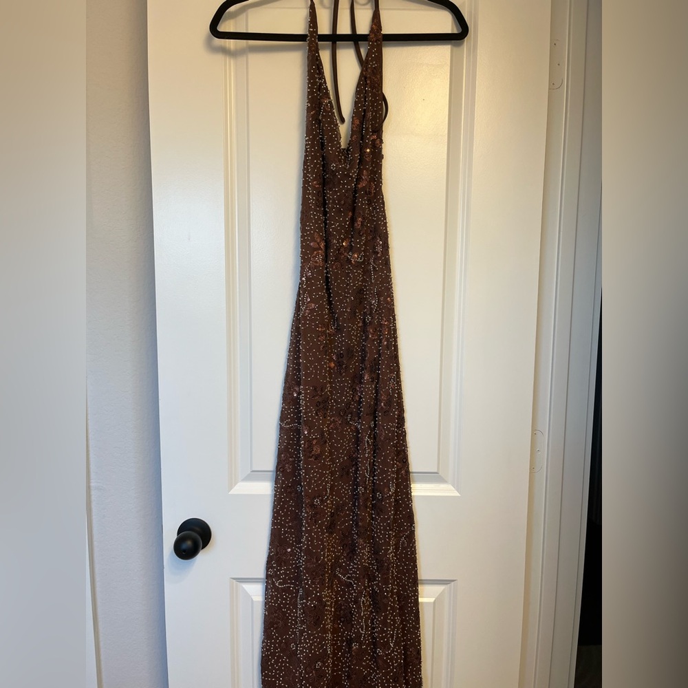 Sequined Cowl Neck Halter Backless Maxi Dress